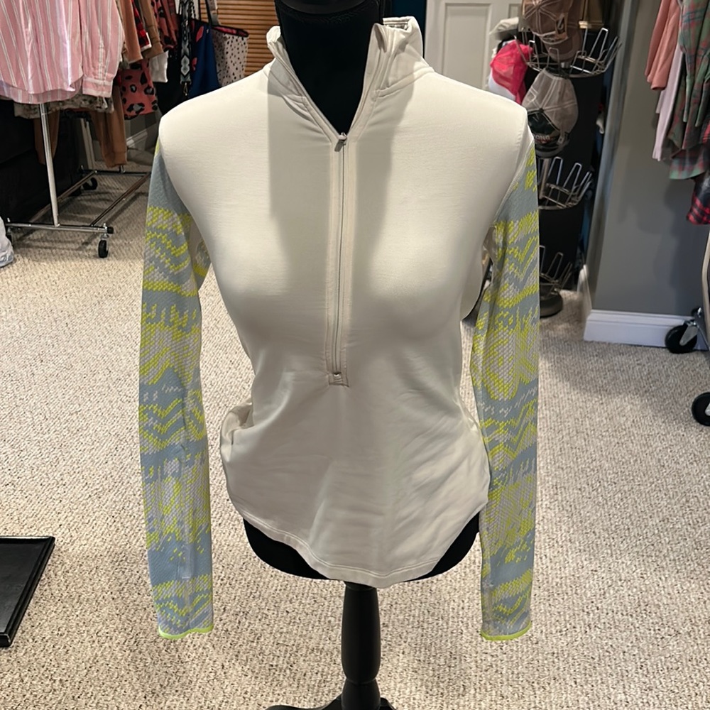 Sz M Nike Pro Dri Fit cream/fluorescent green sleeves runner half zip